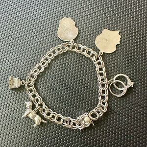 VTG 7” DOUBLE LINK STERLING SILVER CHARM BRACELET 6 CHARMS 7 mm WIDE